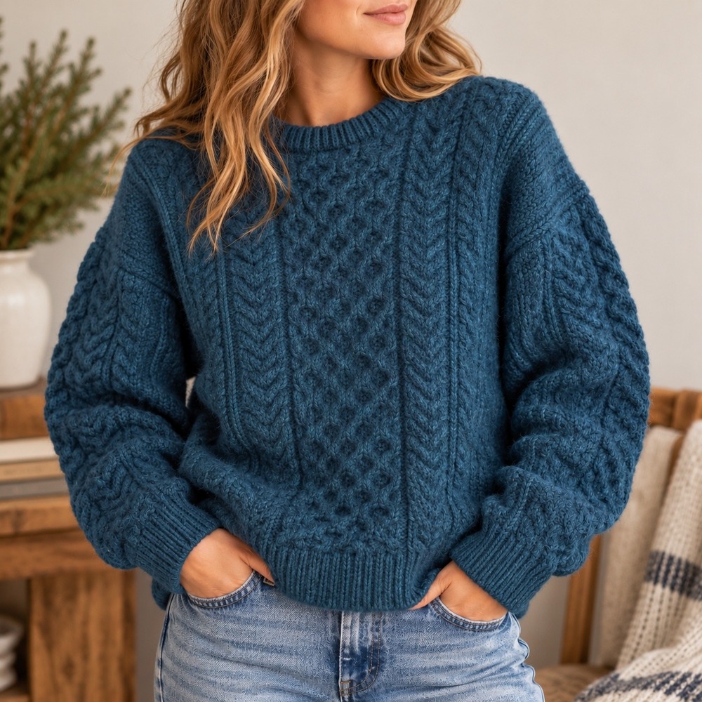 Aran Sweater Market Wool Sweater Womens XL Blue Cable Knit Ireland Heritage
